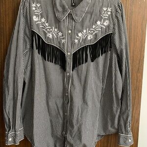Love & Legend Black and White Button Down Shirt with Fringe